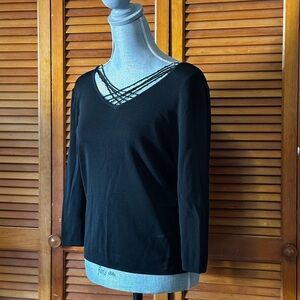 Vintage 90s Finity Black V-Neck Slinky 3/4 Sleeve Top with Strappy Beaded Detail